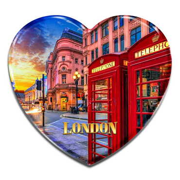 London Themed Heart Shaped Mini Fridge Magnet 40x37 mm - Thumbnail