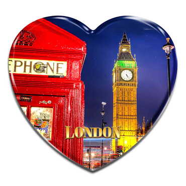 London Themed Heart Shaped Mini Fridge Magnet 40x37 mm - Thumbnail