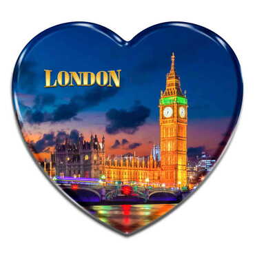 London Themed Heart Shaped Mini Fridge Magnet 40x37 mm - Thumbnail