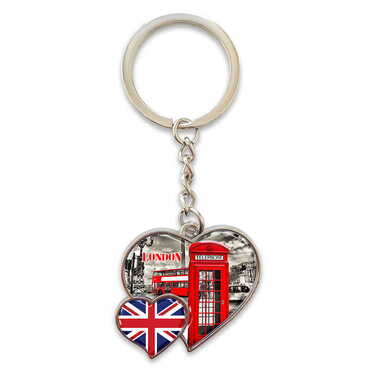 Myros - London Themed Metal Double Heart Shaped Keychain 40x94 mm