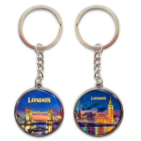 London Themed Metal Double Face Round Keychain 40x95 mm