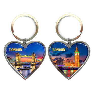 Myros - London Themed Metal Heart ShapedDouble Face Keychain 45x90 mm