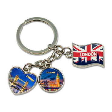 Myros - London Themed Metal Keychain With 3 Charms - Mixed 40x90 mm