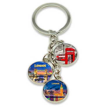 London Themed Metal Keychain With 3 Charms - Round 40x90 mm - Myros