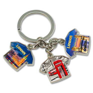 London Themed Metal Keychain With 3 Charms - T-Shirt 40x95 mm - Myros