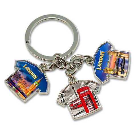 London Themed Metal Keychain With 3 Charms - T-Shirt 40x95 mm