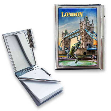 London Themed Metal Pocket Size Notebook With Pen 86x66x8 mm