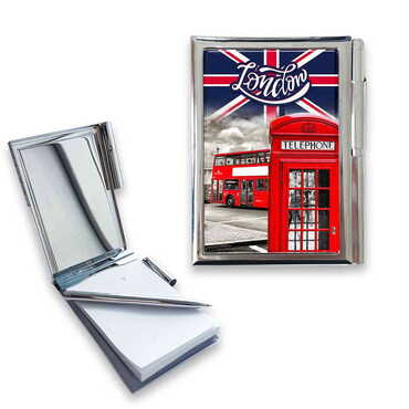 London Themed Metal Pocket Size Notebook With Pen 86x66x8 mm - Thumbnail