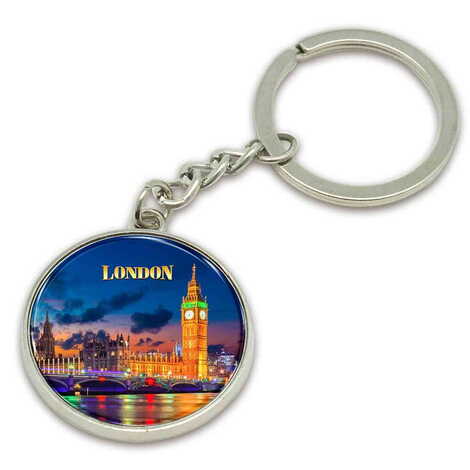 London Themed Metal Round Keychain 35x90 mm