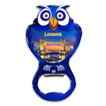 London Themed Owl Shaped Metal Magnetic Bottle Opener 88x47 mm - Thumbnail