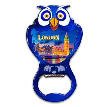 London Themed Owl Shaped Metal Magnetic Bottle Opener 88x47 mm - Thumbnail