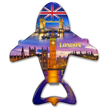 London Themed Plane Shaped Metal Magnetic Bottle Opener 105x89 mm - Myros