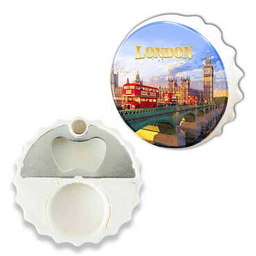 London Themed Round Cap Shaped Magnetic Bottle Opener 63x15 mm - Thumbnail