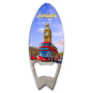 London Themed Surf Board Shaped Metal Magnetic Bottle Opener 128x45 mm - Myros