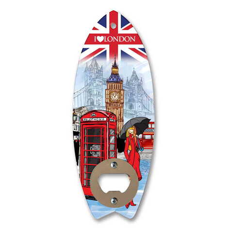 London Themed Surf Board Shaped Printed MDF Wooden Bottle Opener 185x72 mm