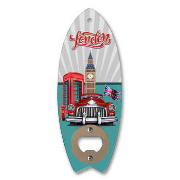 London Themed Surf Board Shaped Printed MDF Wooden Bottle Opener 185x72 mm - 2