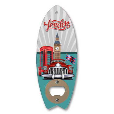 London Themed Surf Board Shaped Printed MDF Wooden Bottle Opener 185x72 mm - Thumbnail