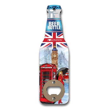 London Themed Beer Bottle Shaped Printed MDF Wooden Bottle Opener 200x59 mm