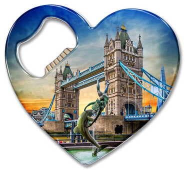 London Themed Heart Shaped Metal Magnetic Bottle Opener 85x76 mm