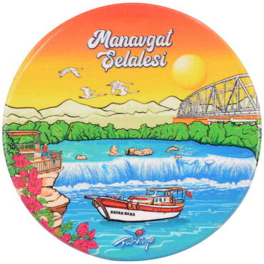 Myros - Manavgat Themed Ceramic Round Shiny Fridge Magnet 7 cm