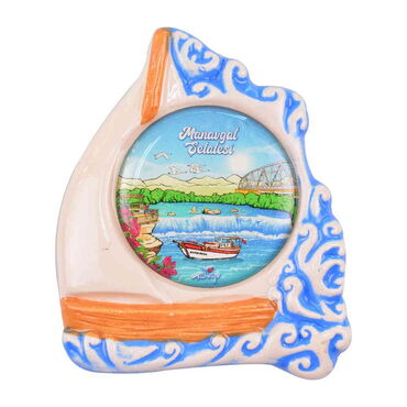 Myros - Manavgat Themed Ceramic Sailing Round Fridge Magnet