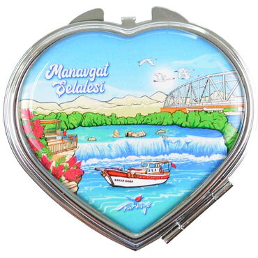 Manavgat Themed Customised Metal Epoxy Travel Make Up Compact Heart Shaped Mirror 70x65x8 mm - Thumbnail