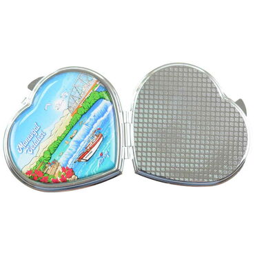 Manavgat Themed Customised Metal Epoxy Travel Make Up Compact Heart Shaped Mirror 70x65x8 mm - Thumbnail