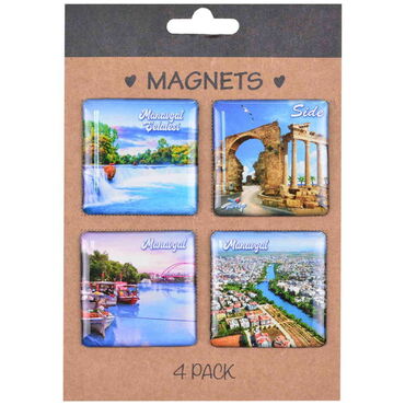 Manavgat Themed Epoxy Dome Souvenir Fridge Magnet Set of 4 pcs 40x40 mm each - Myros