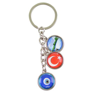 Myros - Manavgat Themed Metal Keychain With 3 Charms - Round 40x90 mm