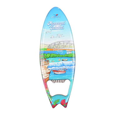 Myros - Manavgat Themed Surf Board Shaped Metal Magnetic Bottle Opener 128x45 mm