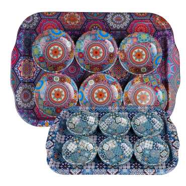 Mandala Temalı Metal Büyük Tepsi Altılı 75 Mm Kase Seti - 2