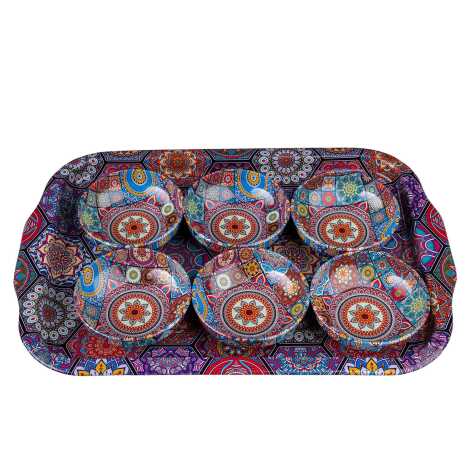 Mandala Temalı Metal Büyük Tepsi Altılı 75 Mm Kase Seti - 4