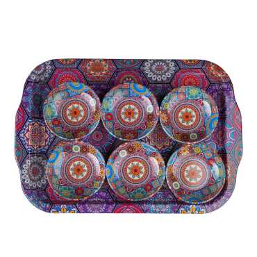 Mandala Themed Large Metal Tray Six Piece 95 mm Bowl Set