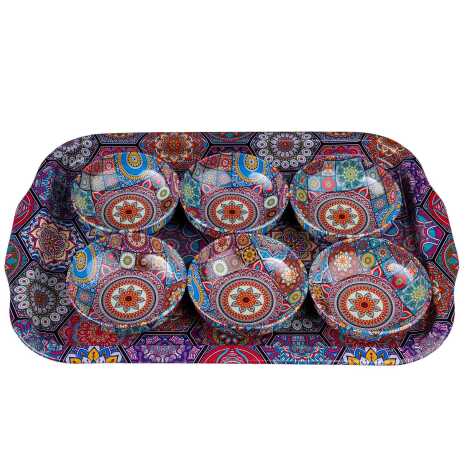 Mandala Temalı Metal Büyük Tepsi Altılı 95 Mm Kase Seti - 5