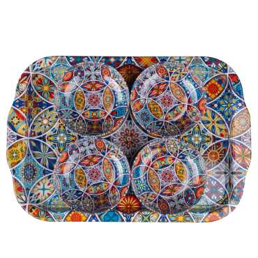 Mandala Themed Large Metal Tray with Four Bowl Set