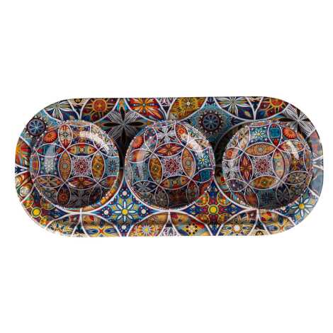 Mandala Temalı Metal Oval Tepsi-Üçlü Kase Seti - 9