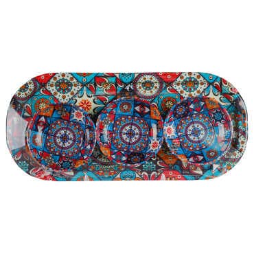 Mandala Themed Metal Oval Tray with Three Bowl Set