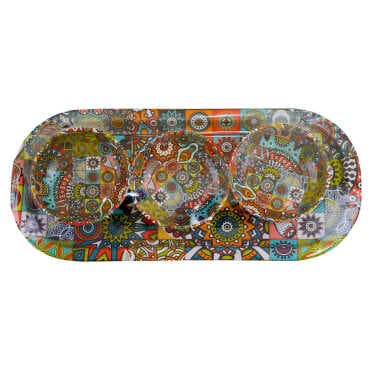 Mandala Themed Metal Oval Tray with Three Bowl Set - 2