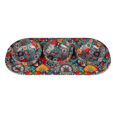 Mandala Themed Metal Oval Tray with Three Bowl Set - 8