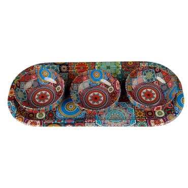 Mandala Themed Metal Oval Tray with Three Bowl Set - 12