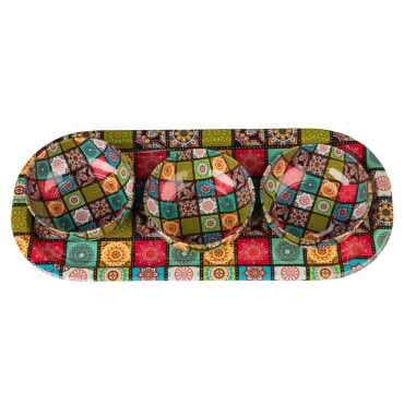 Mandala Themed Metal Oval Tray with Three Bowl Set - 13