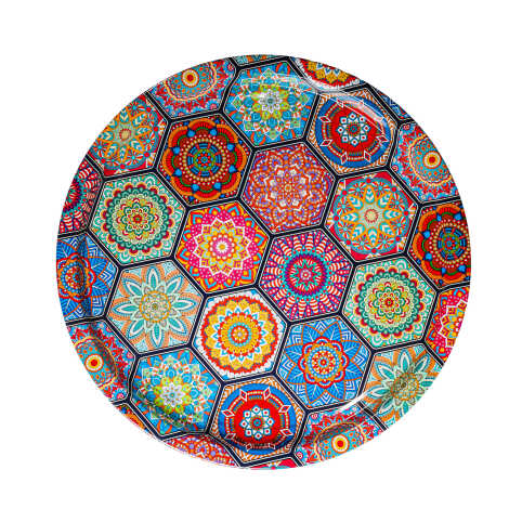 Mandala Temalı Metal Yuvarlak Tepsi 28 Cm - 1