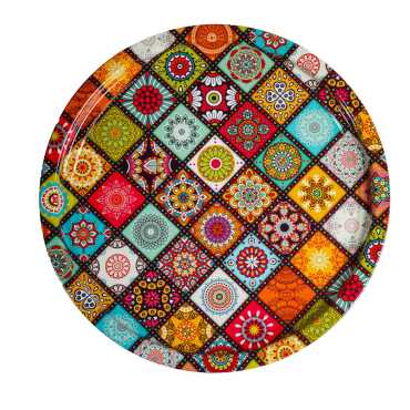 Mandala Themed Round Metal Tray 35 cm