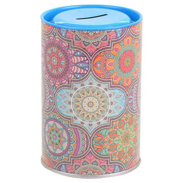 Mandala Themed Customised Kids Tin Round Coin Box 83x83x125 mm - Thumbnail