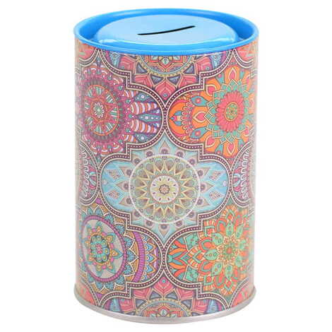 Mandala Themed Customised Kids Tin Round Coin Box 83x83x125 mm