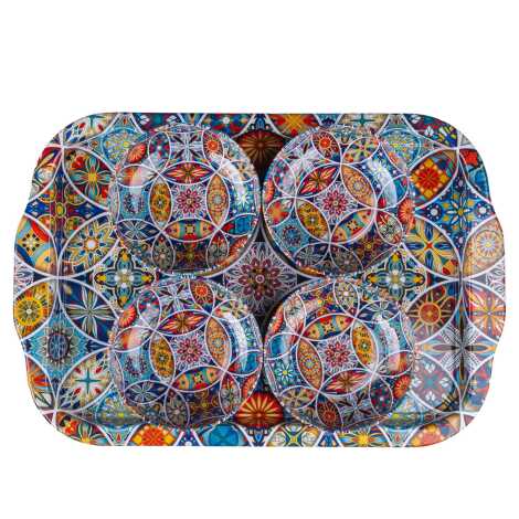 Mandala Themed Large Metal Tray with Four Bowl Set - 1
