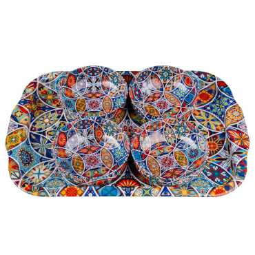 Mandala Themed Large Metal Tray with Four Bowl Set - 2