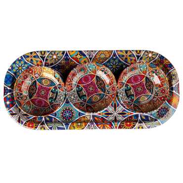 Mandala Themed Metal Oval Tray with Three Bowl Set - 4