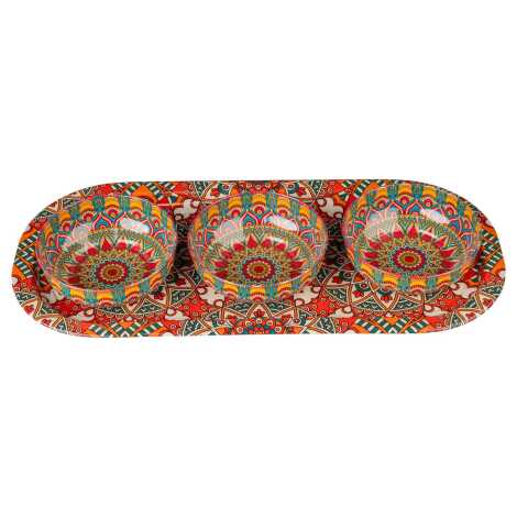 Mandala Themed Metal Oval Tray with Three Bowl Set - 5