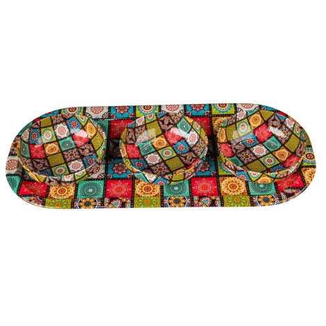 Mandala Themed Metal Oval Tray with Three Bowl Set - 7